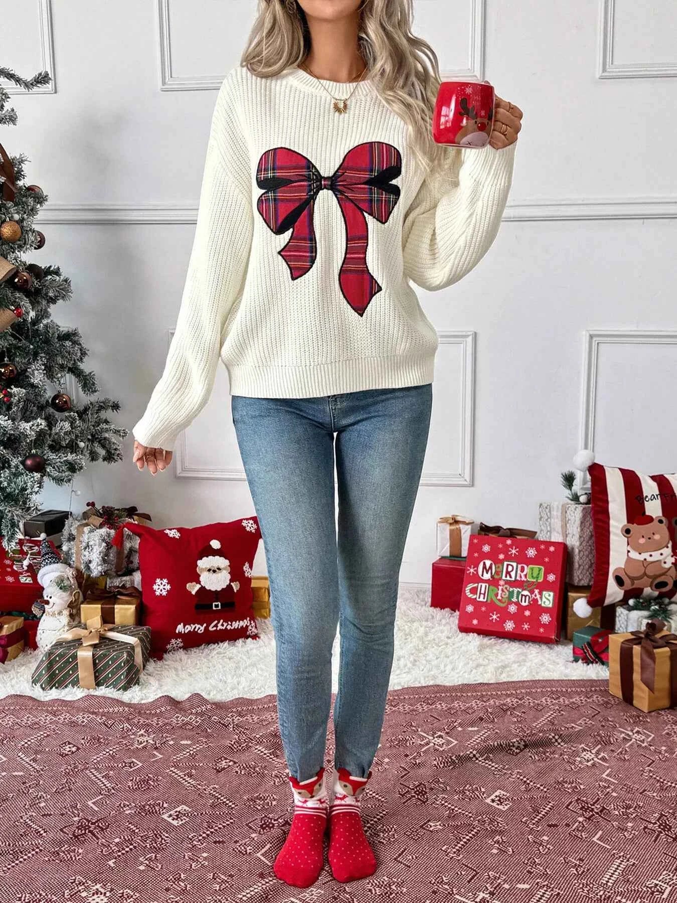 Christmas Bow Dropped Shoulder Sweater 091a4cc3f8f34c55bd48c6447b5d41a1-Max-Origin