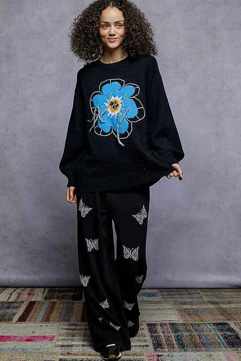 POL Floral Pattern Round Neck Sweater with Exposed Stitching 09d17715-d4f6-493a-8e2e-b8ba6d5e794e-Max-Origin