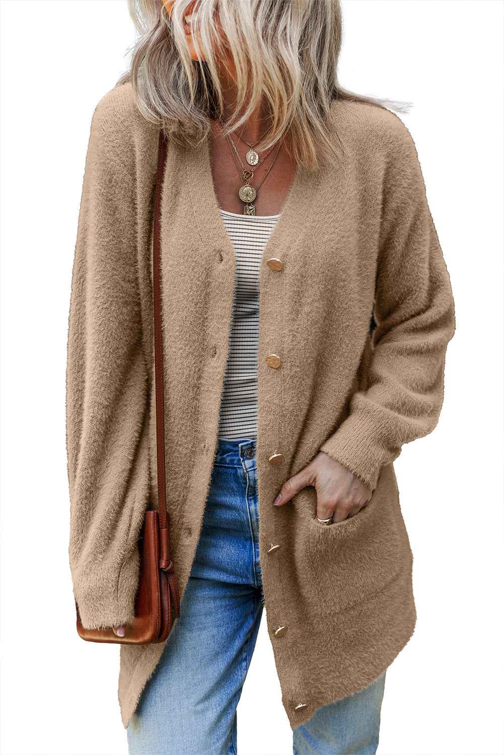 White Fuzzy Buttoned Front Midi Solid Cardigan 0a1e0c9d4ab504f5