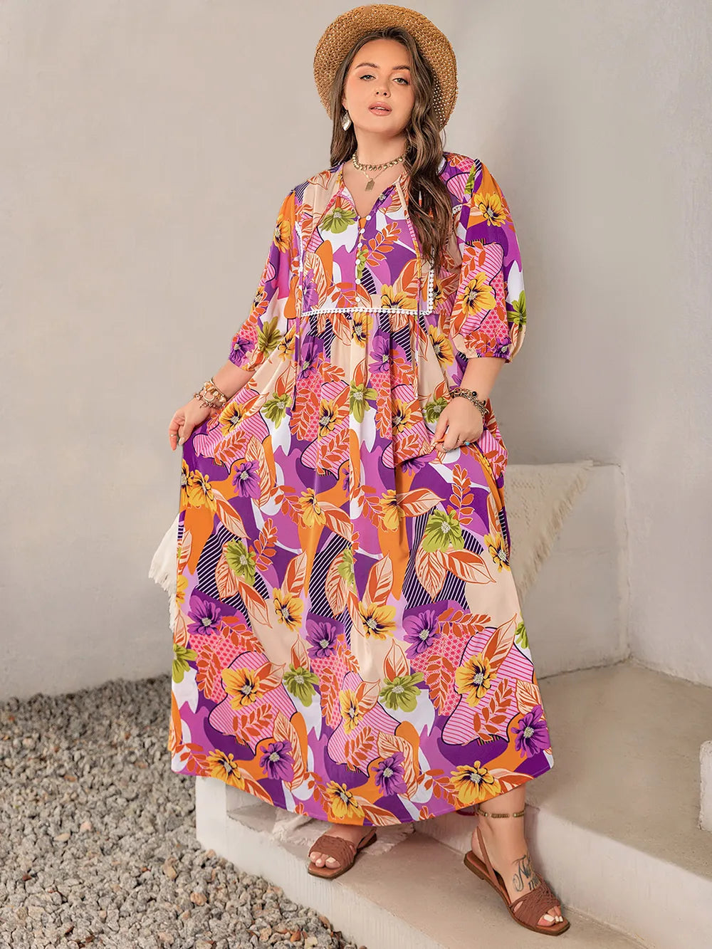 Plus Size Printed Tie Neck Maxi Dress 0a22f1b5-2be7-46e6-b4f8-bbd6a515718f-Max