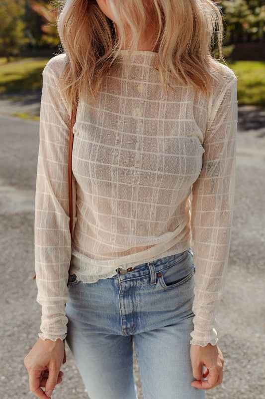 Sheer Plaid Mesh Lettuce Trim Long Sleeve Top