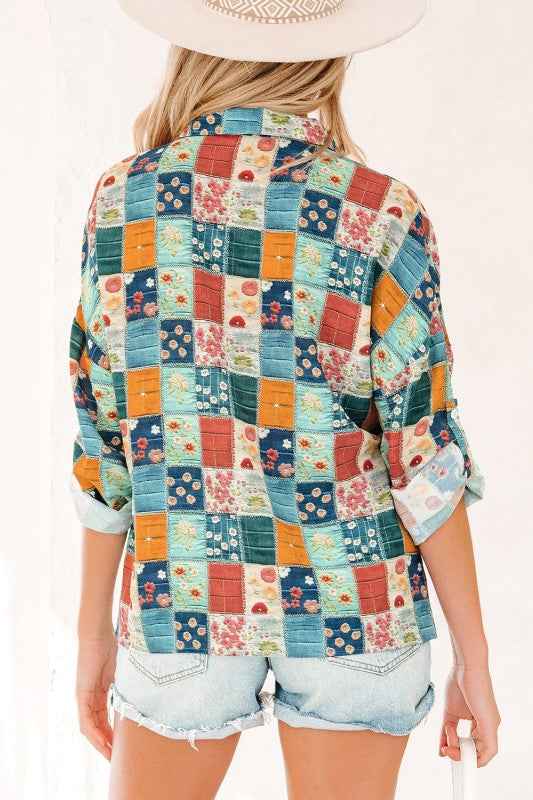 Floral Patchwork Long Sleeve Collar V-Neck Blouse 0a7d8a7b-efd9-48f0-8327-06c95d1dbcda