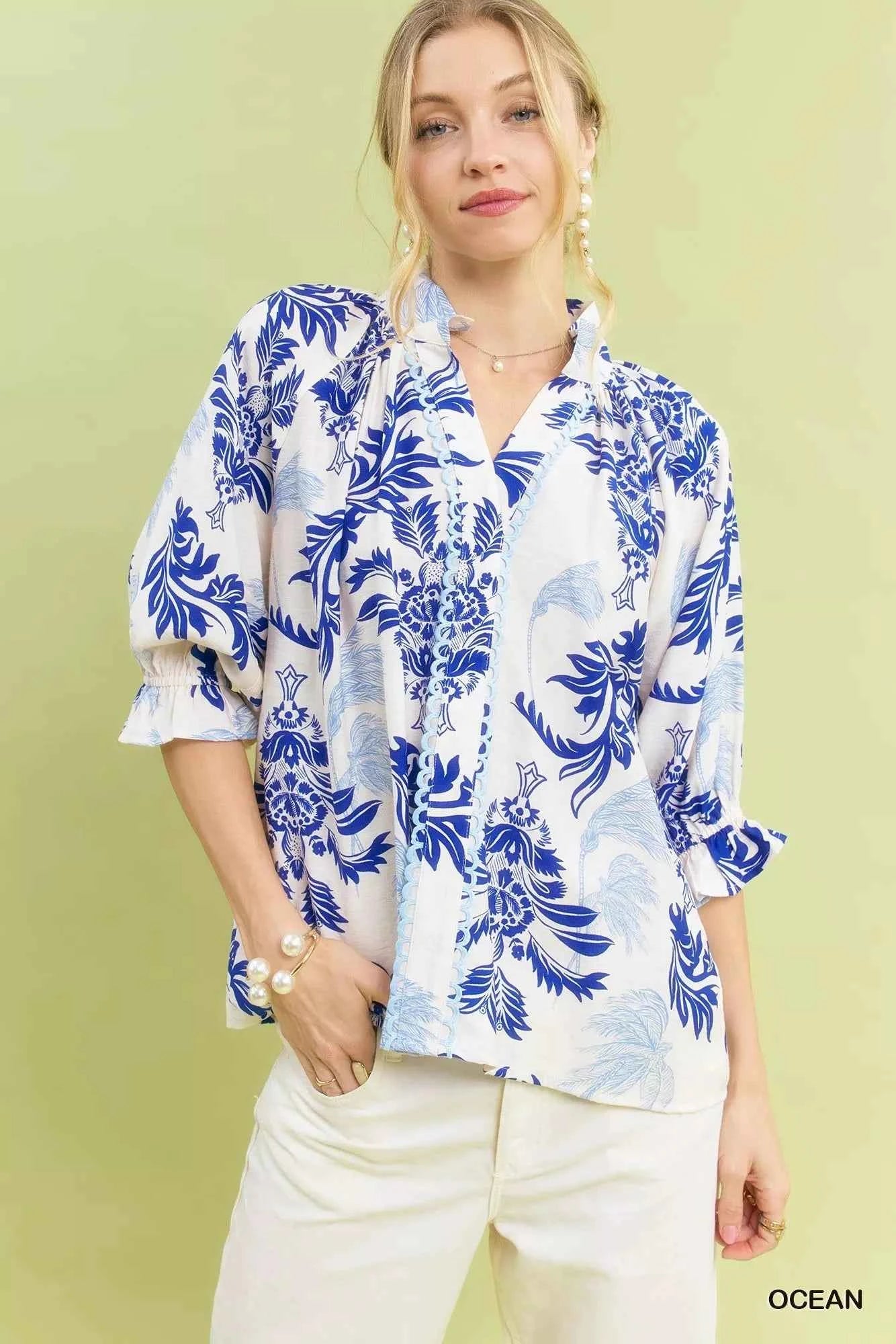 Umgee Leafy Damask Print Blouse with Contrast Scalloped Trim Detail OCEAN 0ada5c2e-a51d-4bfc-87f9-bc38128ac2be-Max-Origin