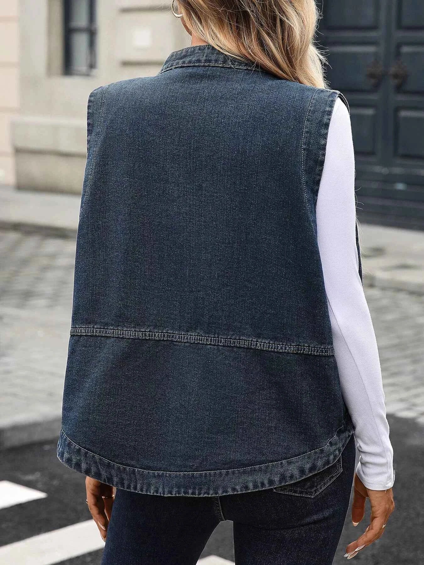 Snap Down Sleeveless Denim Jacket 0c02879e8ed047769be590c25bba29cc-Max-Origin