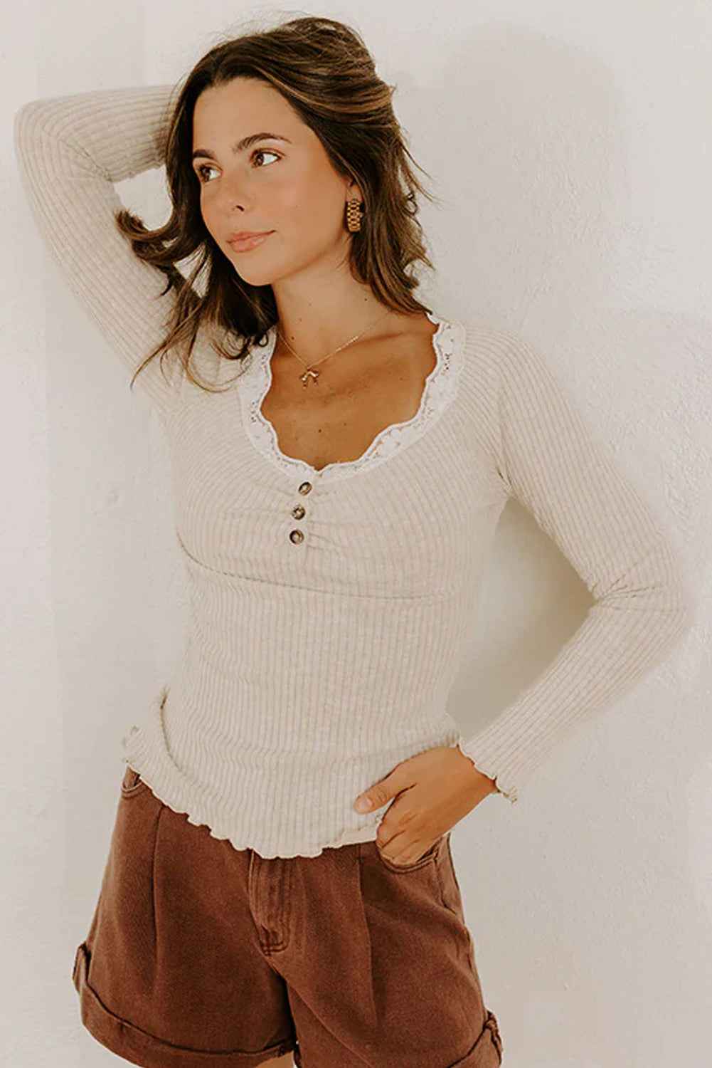 Beige Lace Neckline Button Decor Lettuce Edge Long Sleeve Ribbed Top 0c028cae317291c3