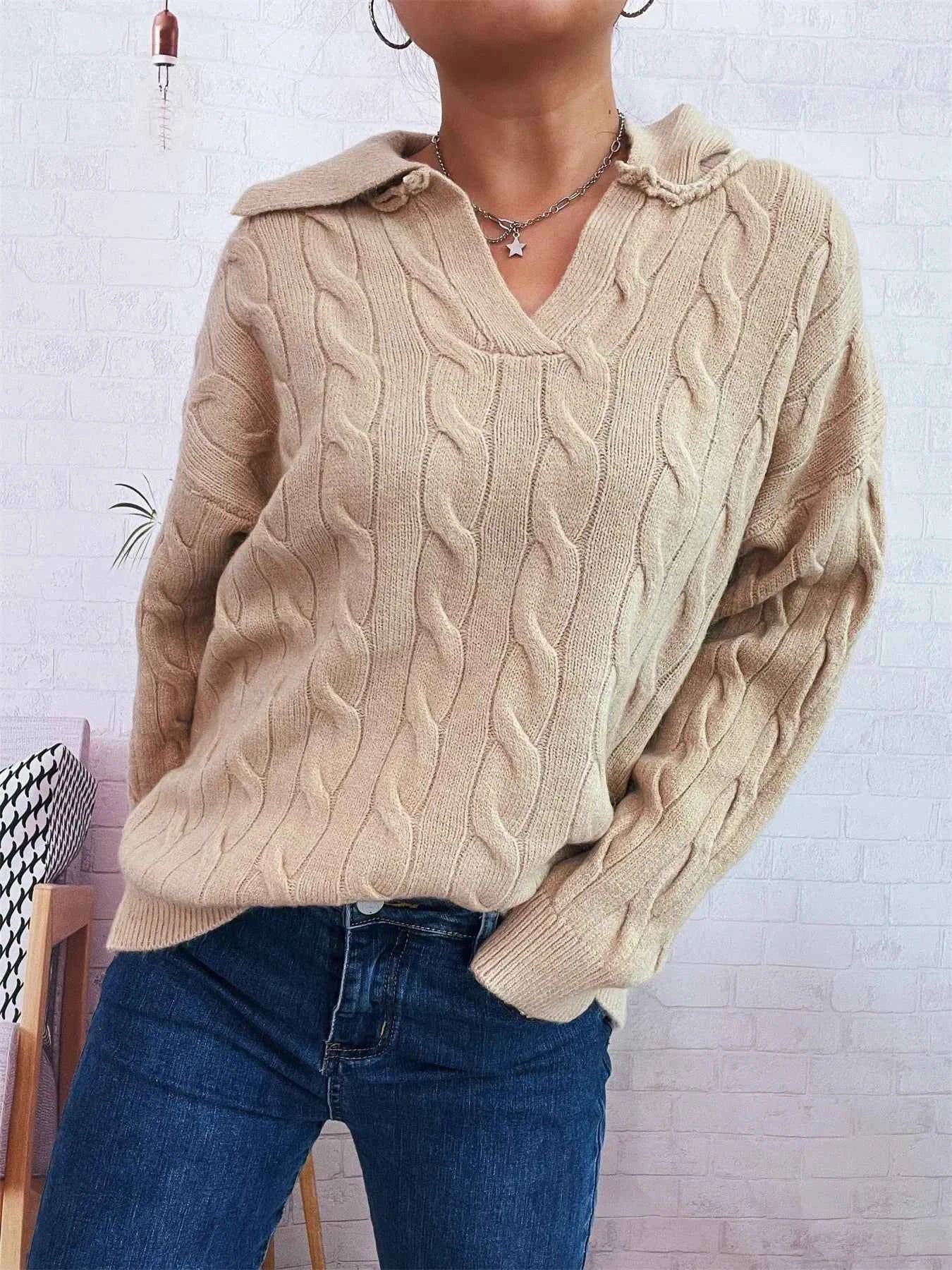 Cable Knit Johnny Collar Sweater Khaki One Size 0c0339f2845c4bb5abb3414e1bc65c57-Max-Origin
