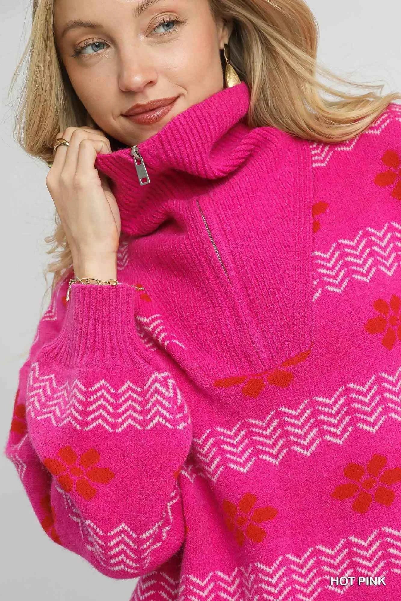 Umgee Floral Patterned Jacquard Quarter-Zip Pullover Sweater 0c33e16d-8592-463a-84c7-c0de8b99ee15-Max-Origin