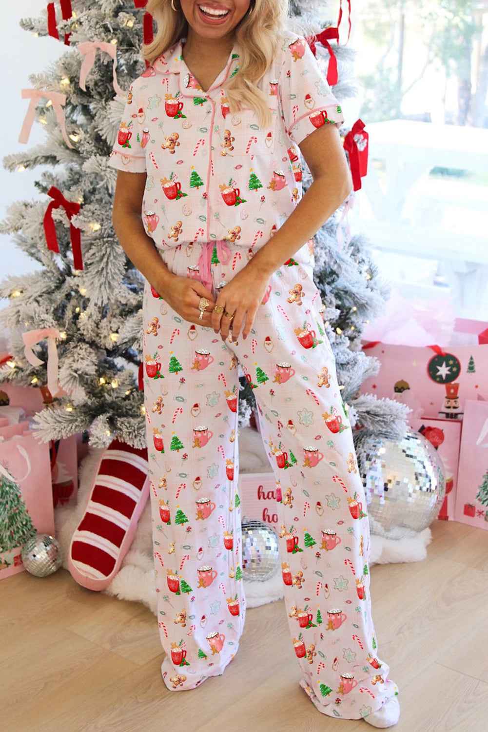 Pink Christmas Spirit Cute Holiday Print Short Sleeve Shirt and Pants Pajama Set Pink 95%Polyester+5%Elastane 0c73a25267d4e53d