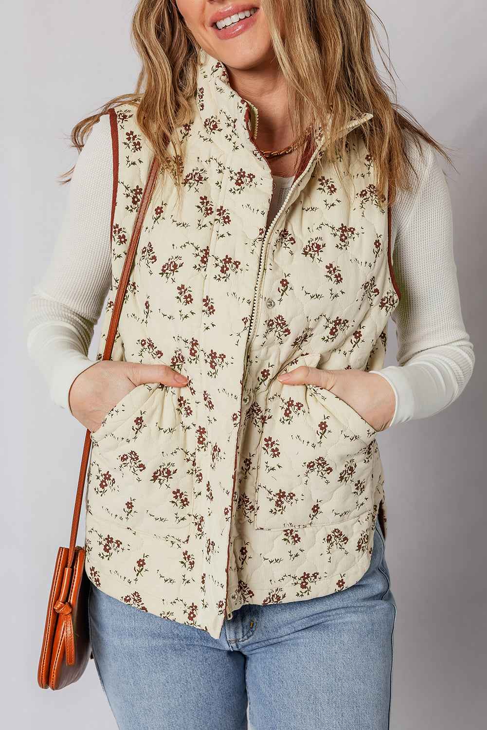Apricot Floral Print Zip Up Quilted Warm Vest Apricot Shell:100%Polyester+Lining:100%Polyester+Filling:100%Polyester 0c7f98cf34d84152