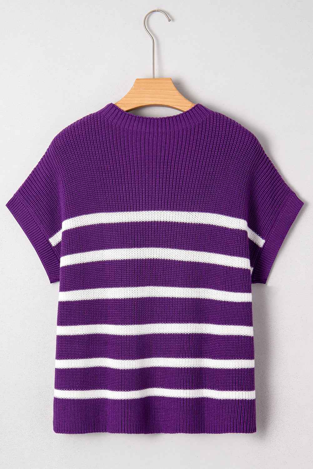 Purple Stripe Raw Edge Patched Pocket Short Sleeve Knit Sweater 0cdc2db703390050