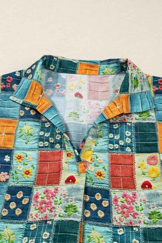 Floral Patchwork Long Sleeve Collar V-Neck Blouse 0d18d30f-0de5-43d0-ac69-b692788f5dab
