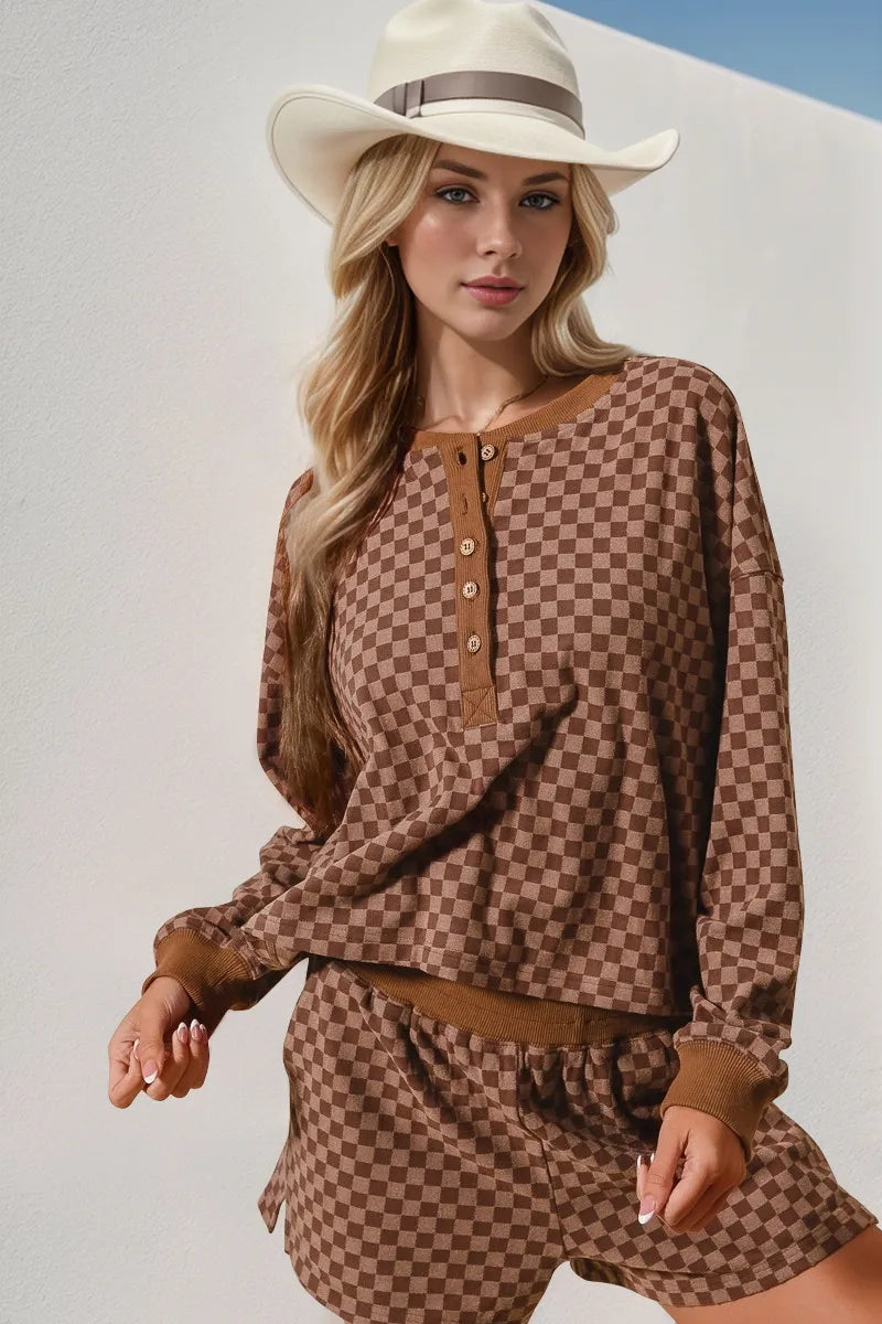 Double Take Checkered Half Button Top and Shorts Set Brown 0d24ef7d-b494-4d7e-84ab-256b035da97c-Max