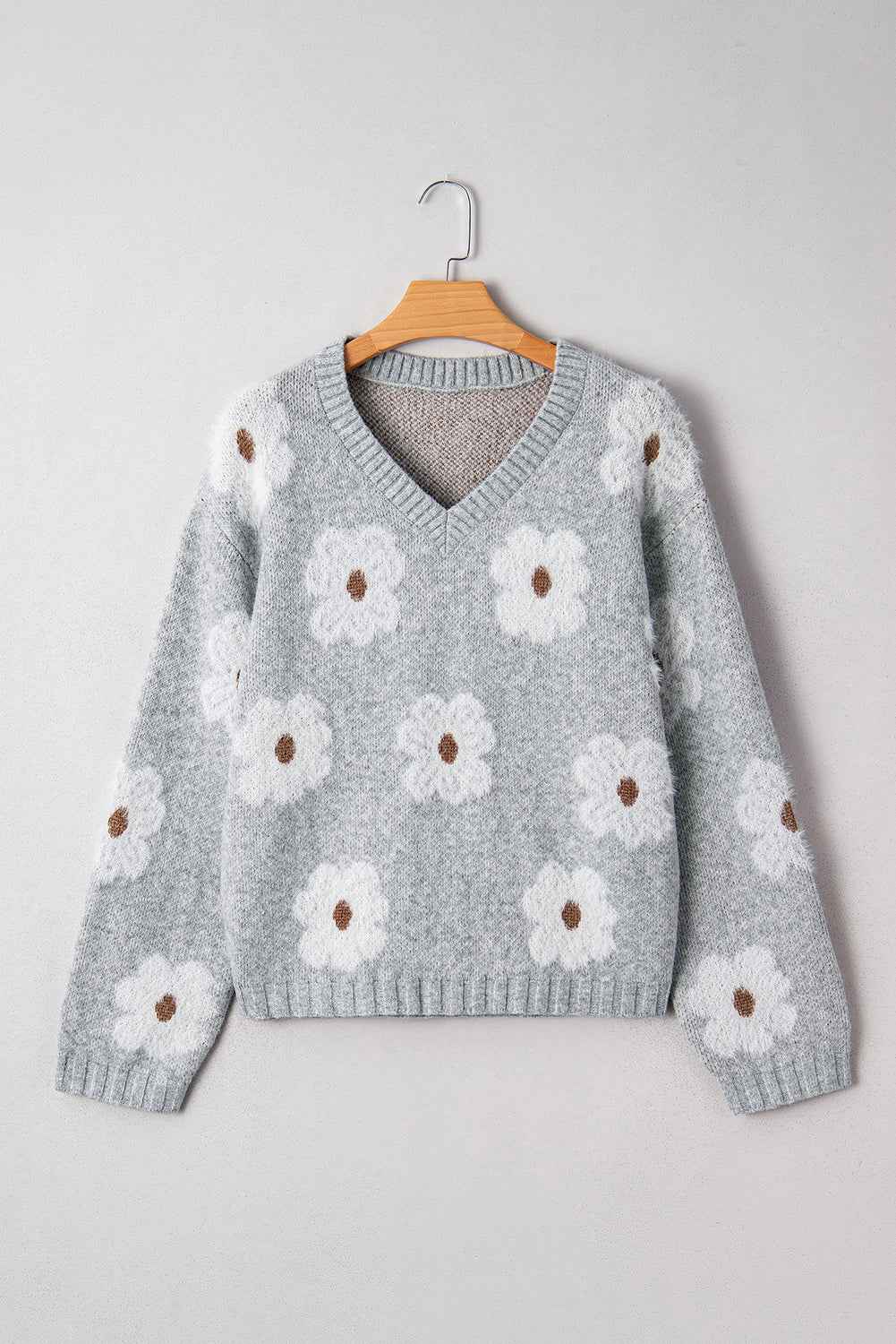 Gray Cute Flower Print V Neck Drop Shoulder Baggy Sweater 0d2da826385bba1b