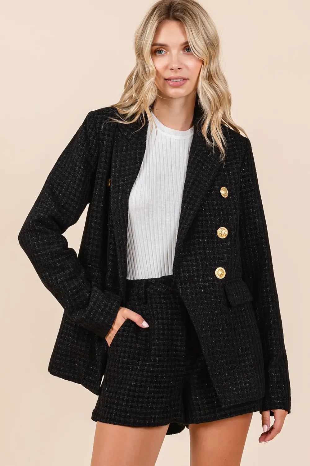 Mittoshop Plaid Texture Double-Breasted Long Sleeve Blazer 0d616624-fdf9-4034-8dc8-cd73ea8c37c8-Max