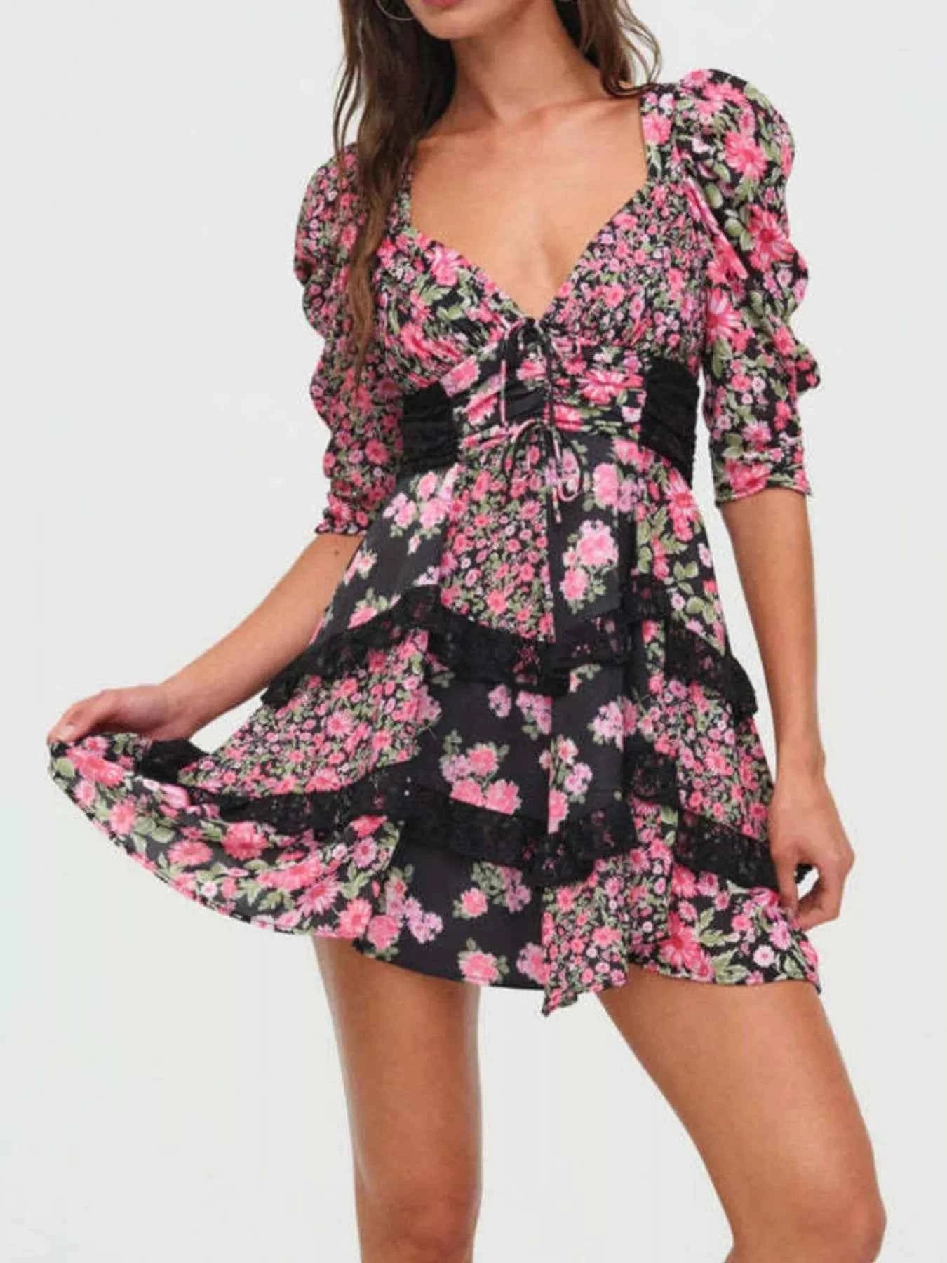 Ruffled Floral Print Half Sleeve Dress 0d625ac3-9bfe-4110-9881-7772017fe4b1-Max-Origin