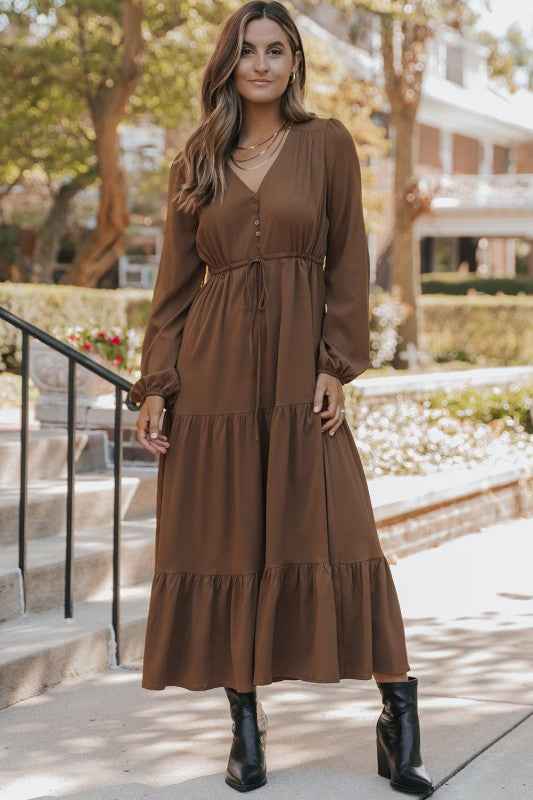 Solid Buttoned V-Neck Long Sleeve Tiered Maxi Dres 0d815767-45fd-4e6b-bb7e-49f4e7c5707e