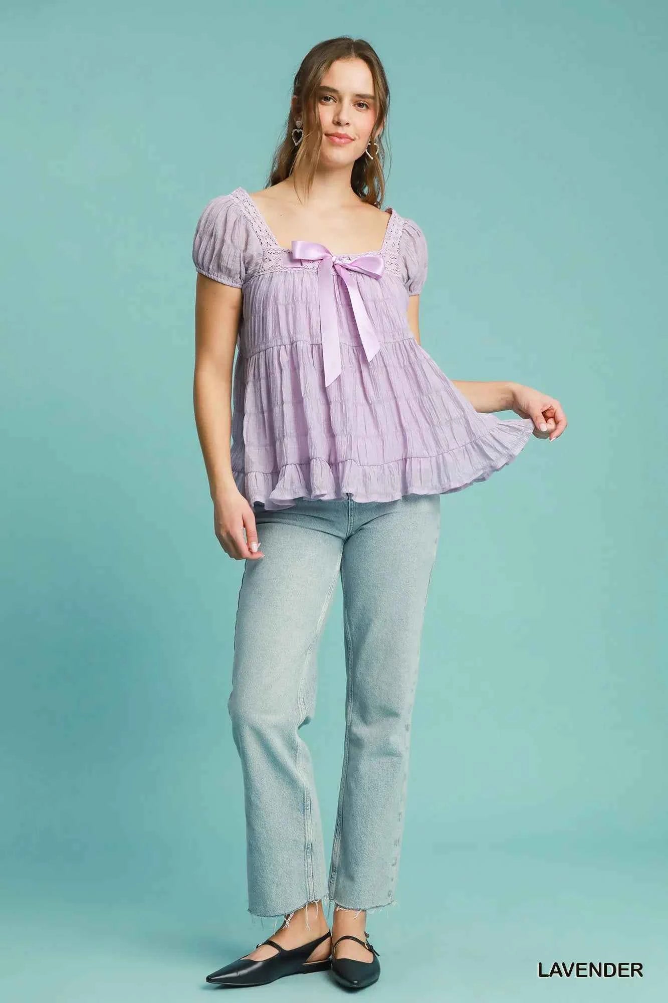 Umgee Textured Square Neck Bow Tie Blouse with Ruffle Hem 0dac53ae-d725-45d2-917c-9ddce9eb7bb7-Max-Origin