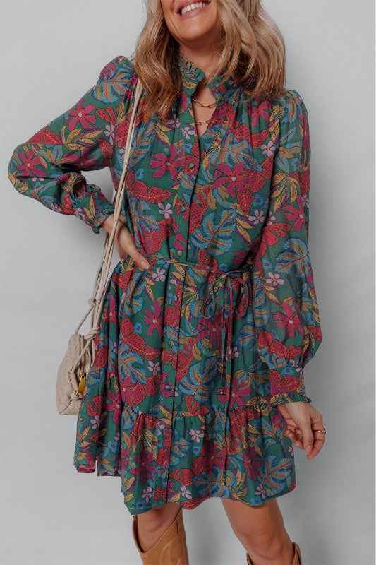 Floral Frilled V-Neck Puff Sleeve Ruffle Shirt Dre 0dbbcb1b-70c8-4992-9a2b-53472957d558