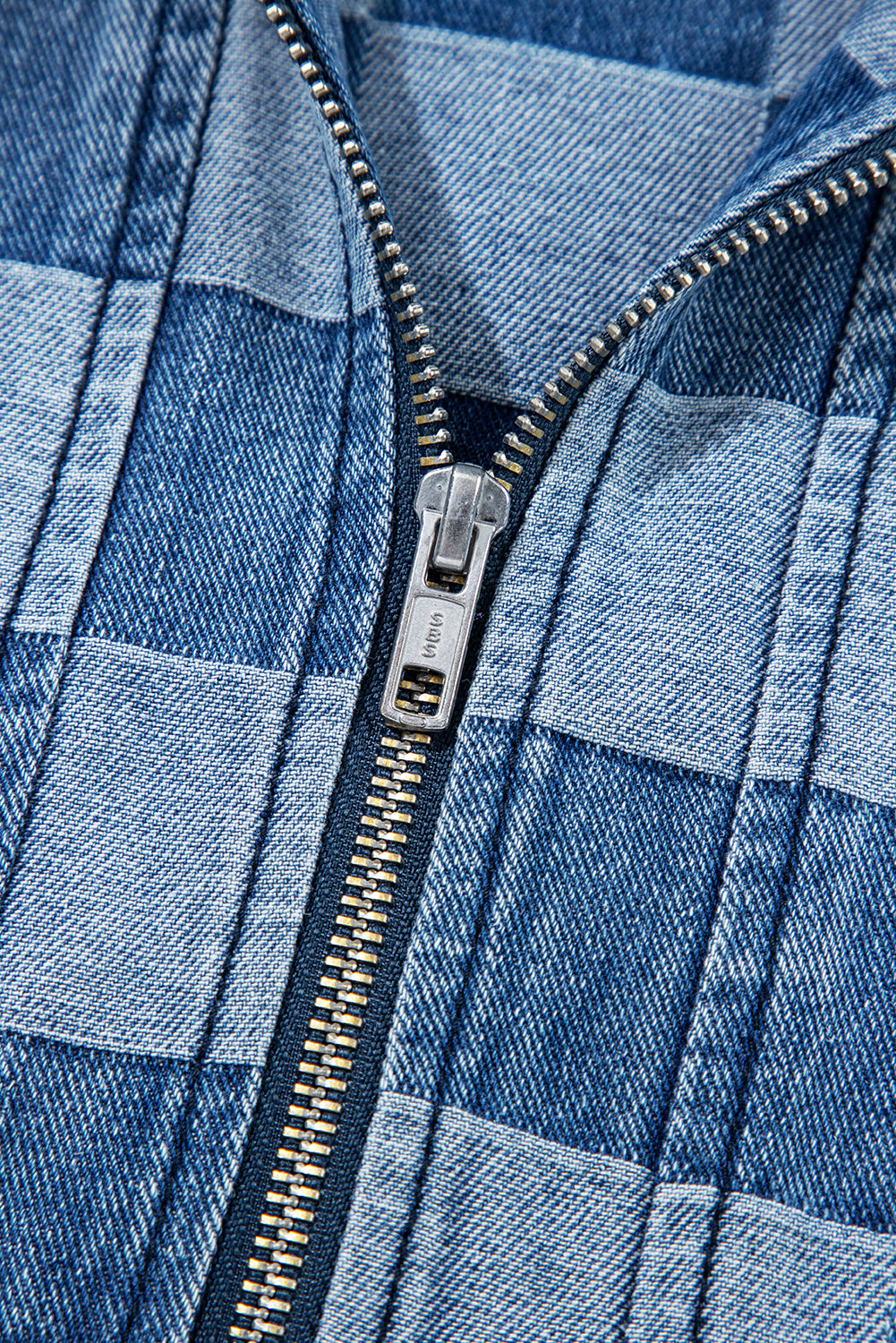 Sky Blue Checkerboard Zipped Collar Kangaroo Pocket Denim Hoodie 0dcc9899b50591f8