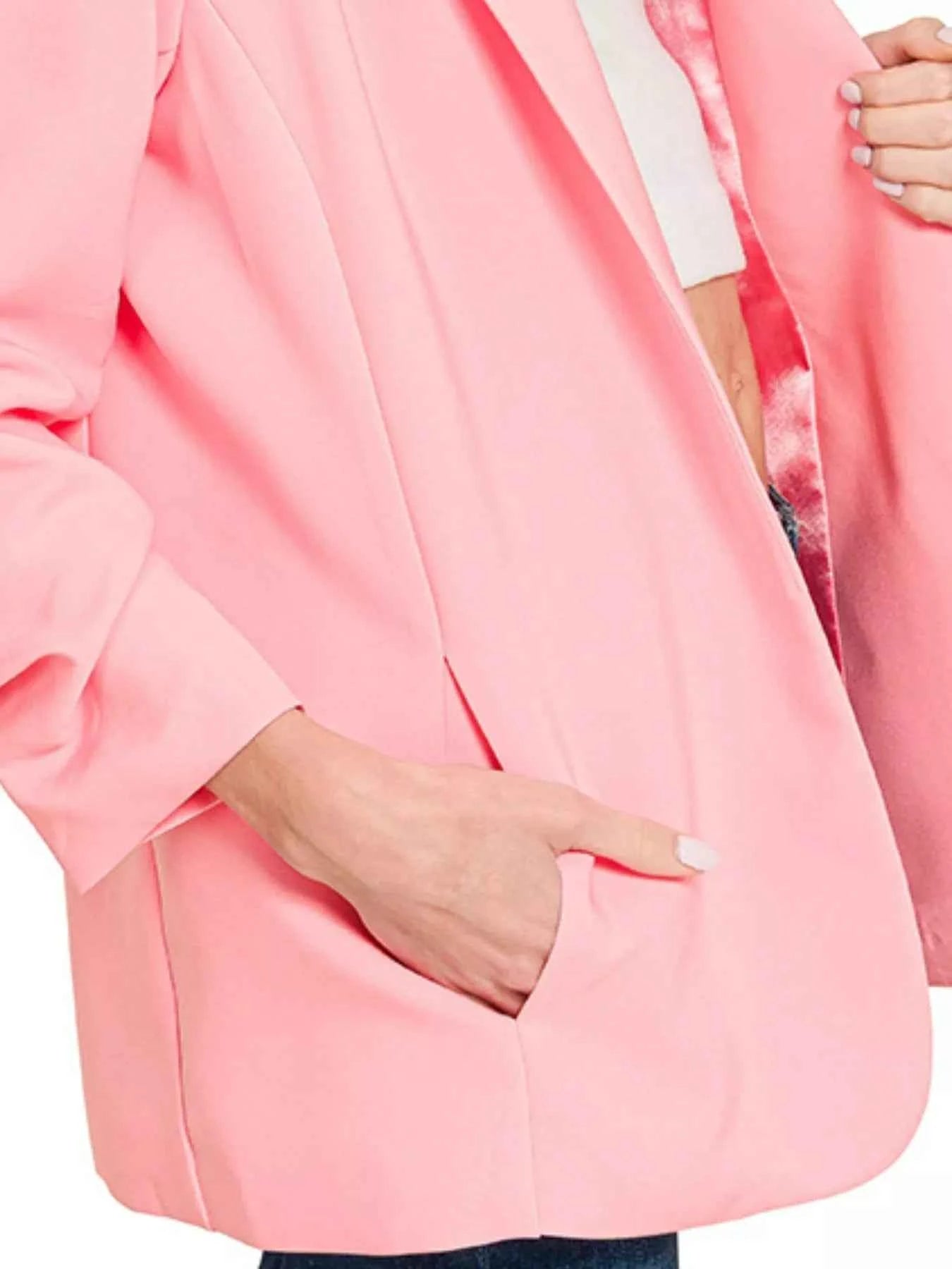 Zenana Woven 3/4 Ruched Sleeve Open Front Classic Blazer 0e2c4d8f-6c85-469a-a1c9-81cf21eca283-Max-Origin