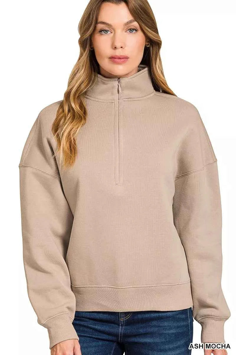 Zenana Fleece High Neck Half Zip Sweatshirt ASH MOCHA 0e665589d05d402da2f92a847ca789ca-Max-Origin