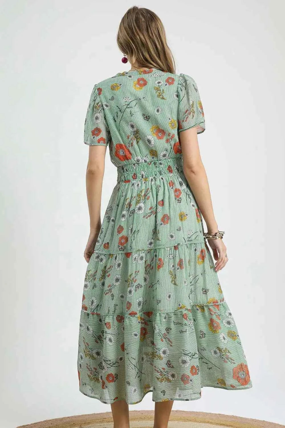 Umgee Smocked Waist Floral Short Sleeve Midi Dress 0ea1ff98-be72-462d-8d78-629f9236ea7d-Max-Origin