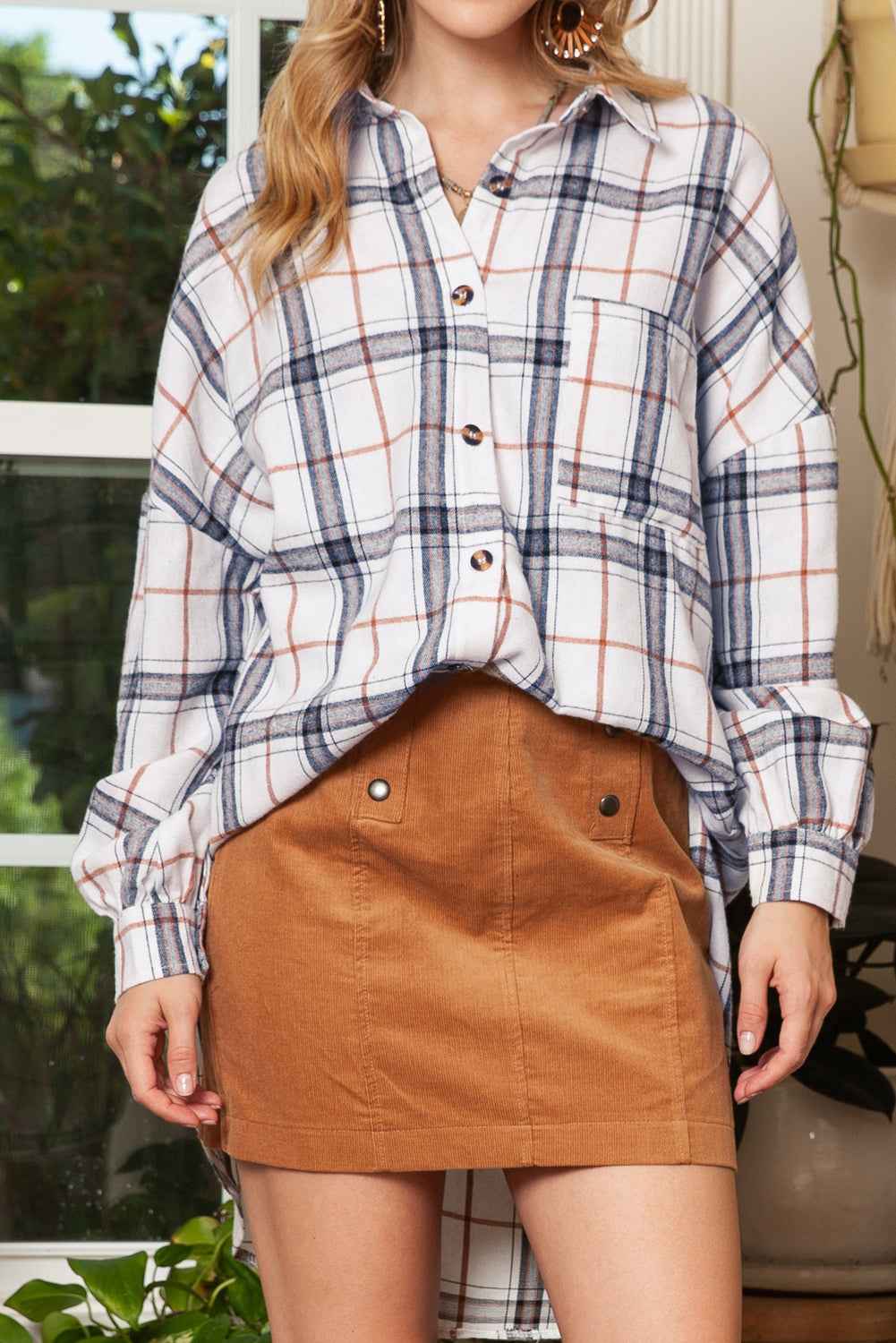 White Plaid Slits Bishop Sleeve Oversized Shacket 0edb757c0916937d