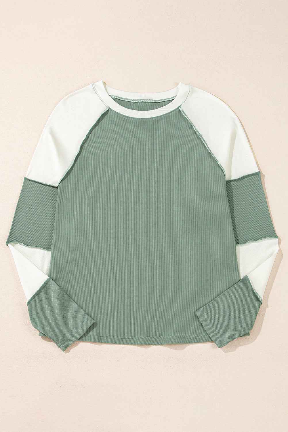 Mint Green Ribbed Colorblock Patchwork Raglan Long Sleeve Top 0ee8212f8ad3b9f0
