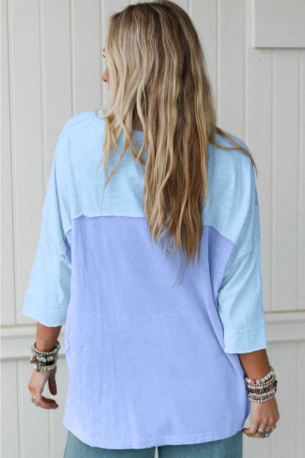 Light Blue Flower Patched Exposed Seam 3/4 Sleeve top 0f6c01a7a0342913