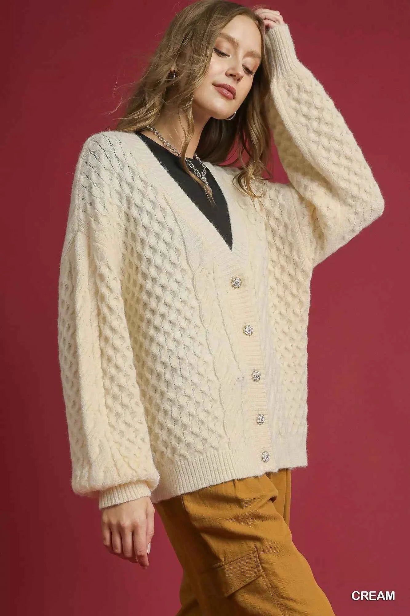 Umgee Cable Knit Pearl Button Cardigan 0f83adb0-e14a-42c3-b70e-42bd61eb2b16-Max-Origin