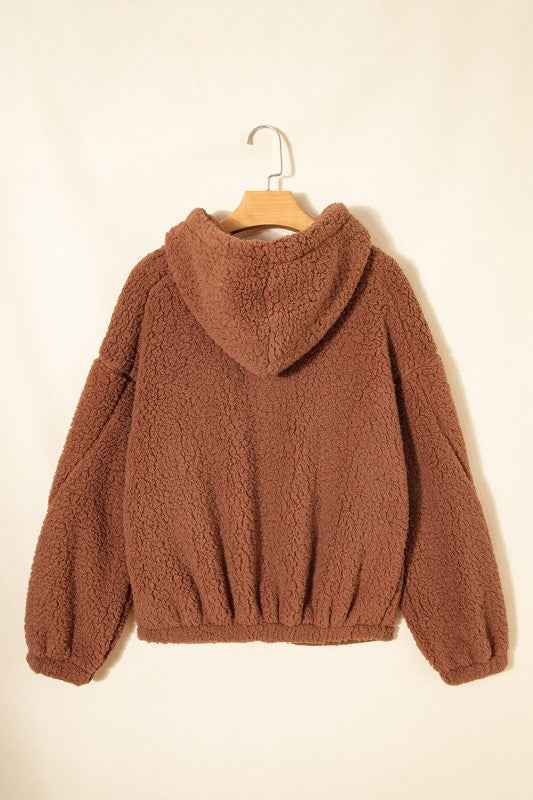 Solid Sherpa Fleece Zip Up Hooded Jacket
