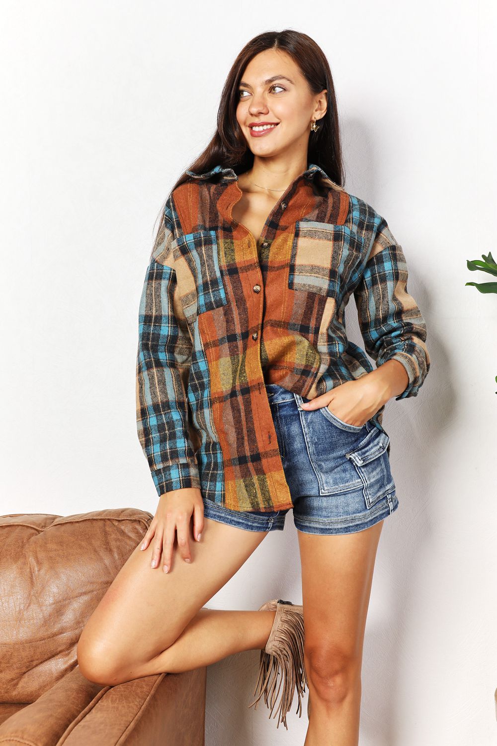 Double Take Plaid Curved Hem Shirt Jacket with Breast Pockets 101aa48f225d42a19c24d3835ab89a78-Max