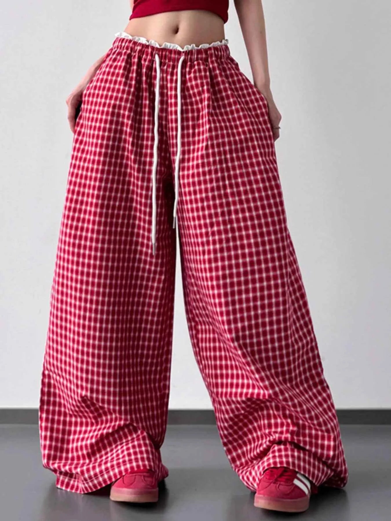 Drawstring Plaid Wide Leg Pants 1053032a-aa5c-46bf-ab78-e03b36d9ad8d-Max-Origin