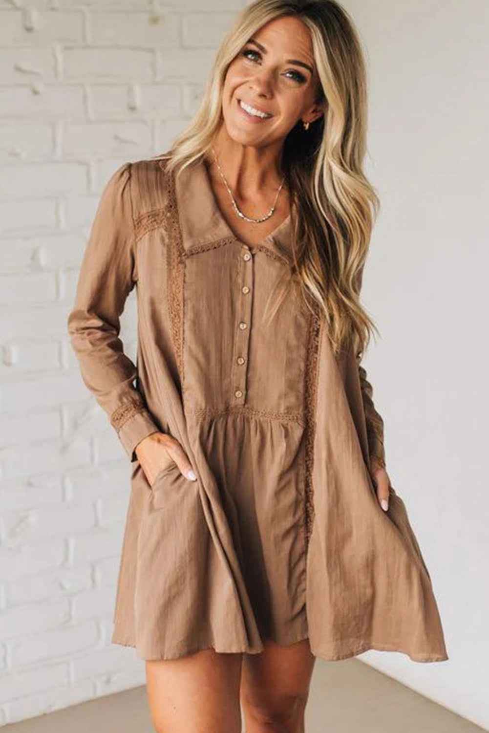 Straw Yellow Lace Trim Peter Pan Collar Long Sleeve Mini Shirt Dress 106de4b41b90761a