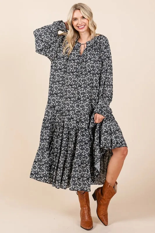 Mittoshop Printed Tie Neck Flounce Sleeve Midi Dress Dark Navy 1072742f-a2fe-49de-b828-509842e8f21c-Max