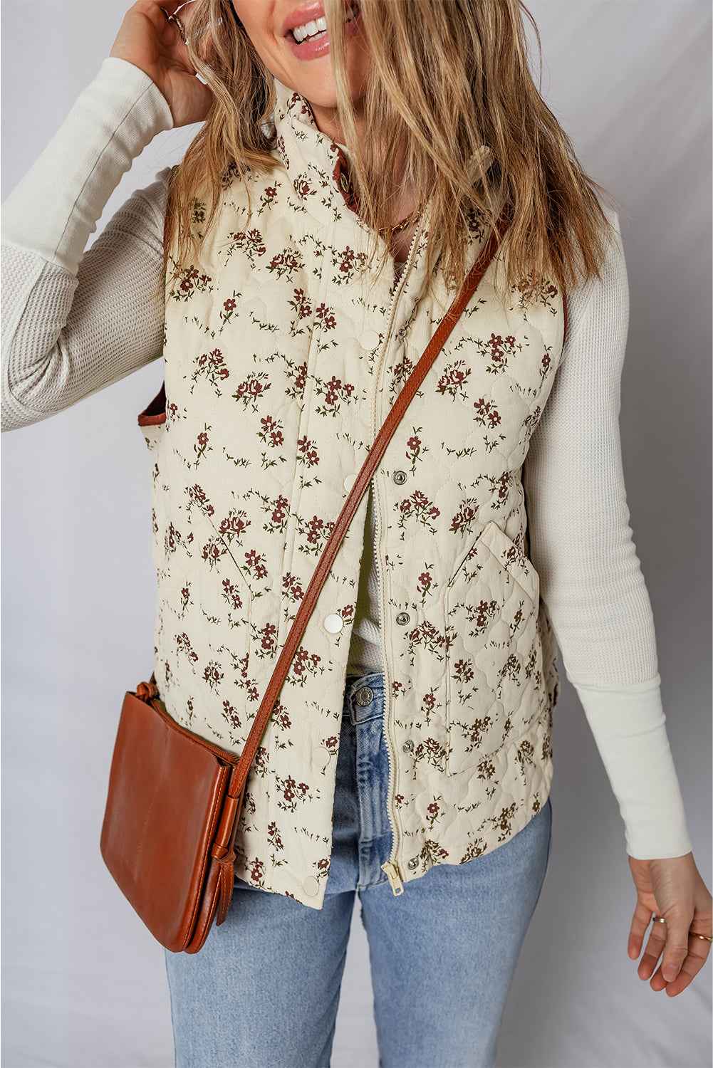Apricot Floral Print Zip Up Quilted Warm Vest 108383cf93d94f99