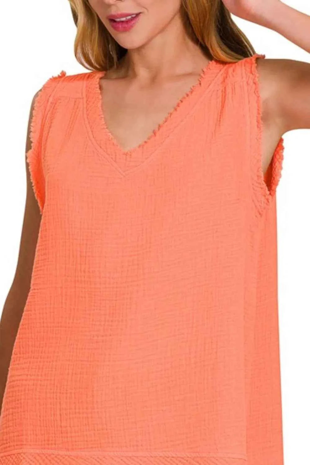 Zenana Double Gauze Raw Edge V-Neck Tank 10cf315f-6546-458d-9df0-5614679cfd50-Max-Origin