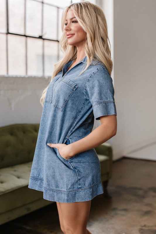Solid Denim Collared Patch Pocket Mini Dress 10f9df03-1942-4290-89be-925e23eb25b6