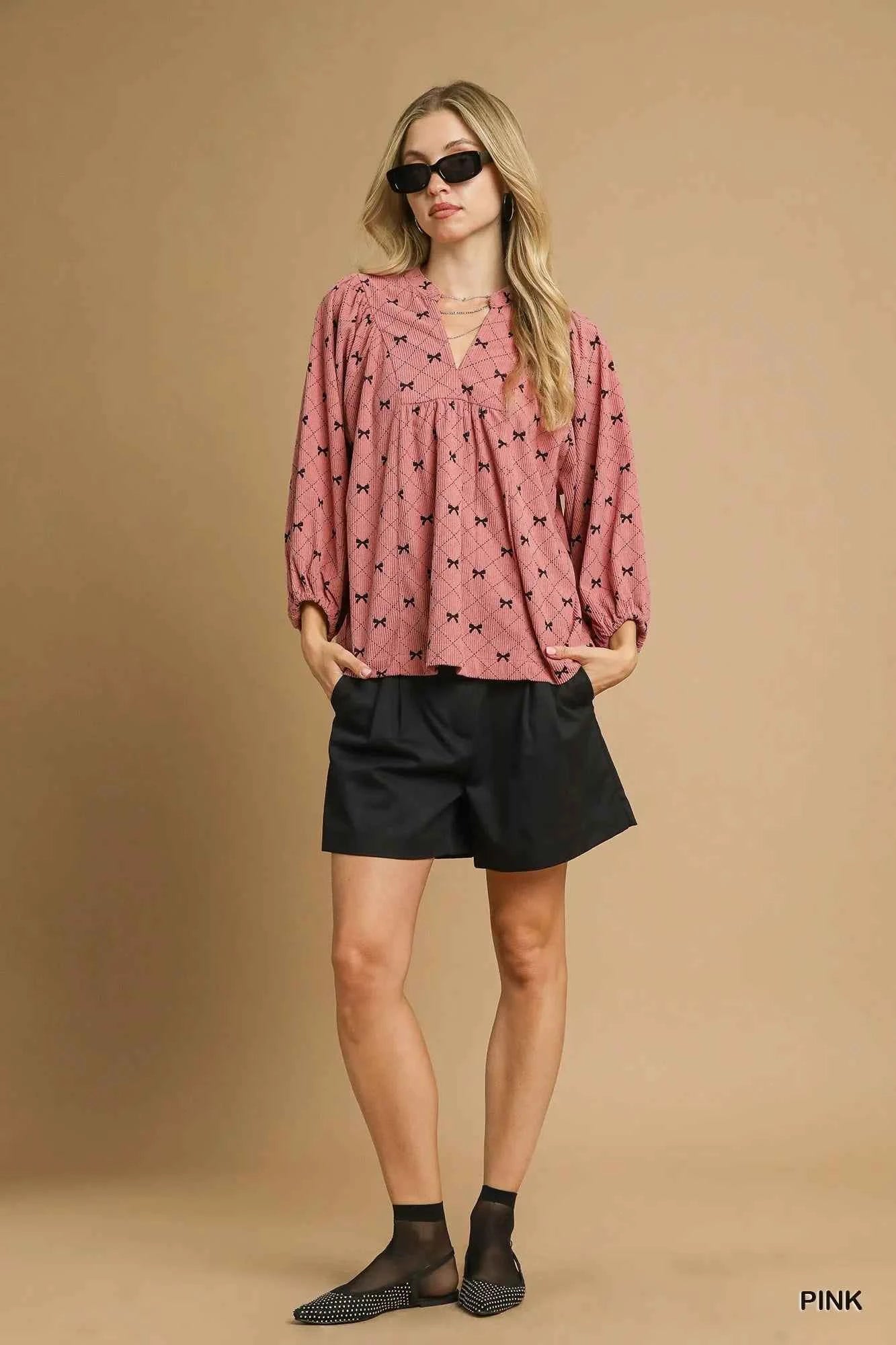 Umgee Corduroy Bow Print Balloon Sleeve Blouse 110953b7-a9a3-4b5f-837b-77309b8d9733-Max-Origin