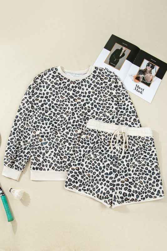 Plus Size Leopard Pullover and Shorts Set