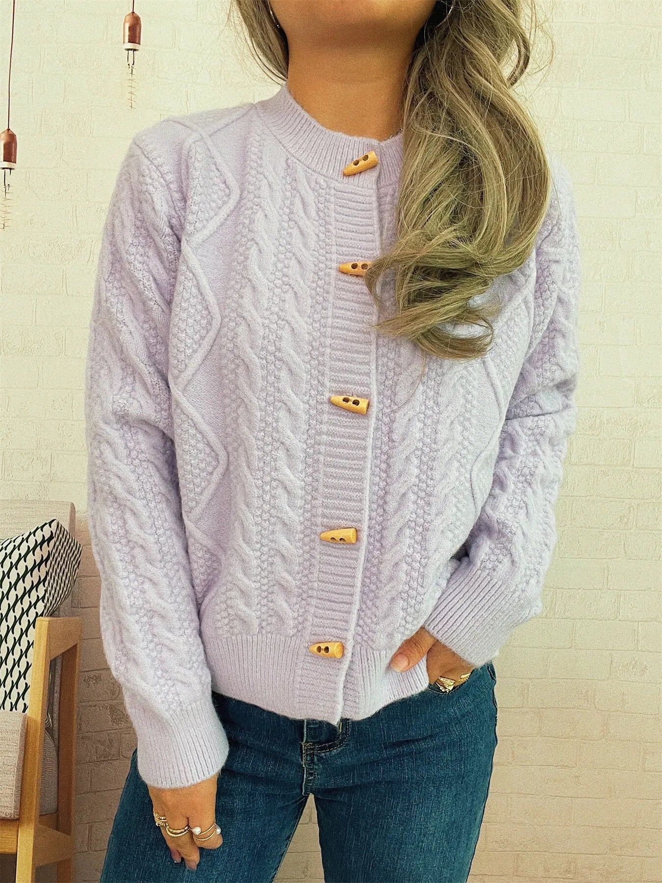 Cable Knit Button-Up Cardigan Purple One Size 11290cd0cc684ff2a373926c57867b24-Max-Origin