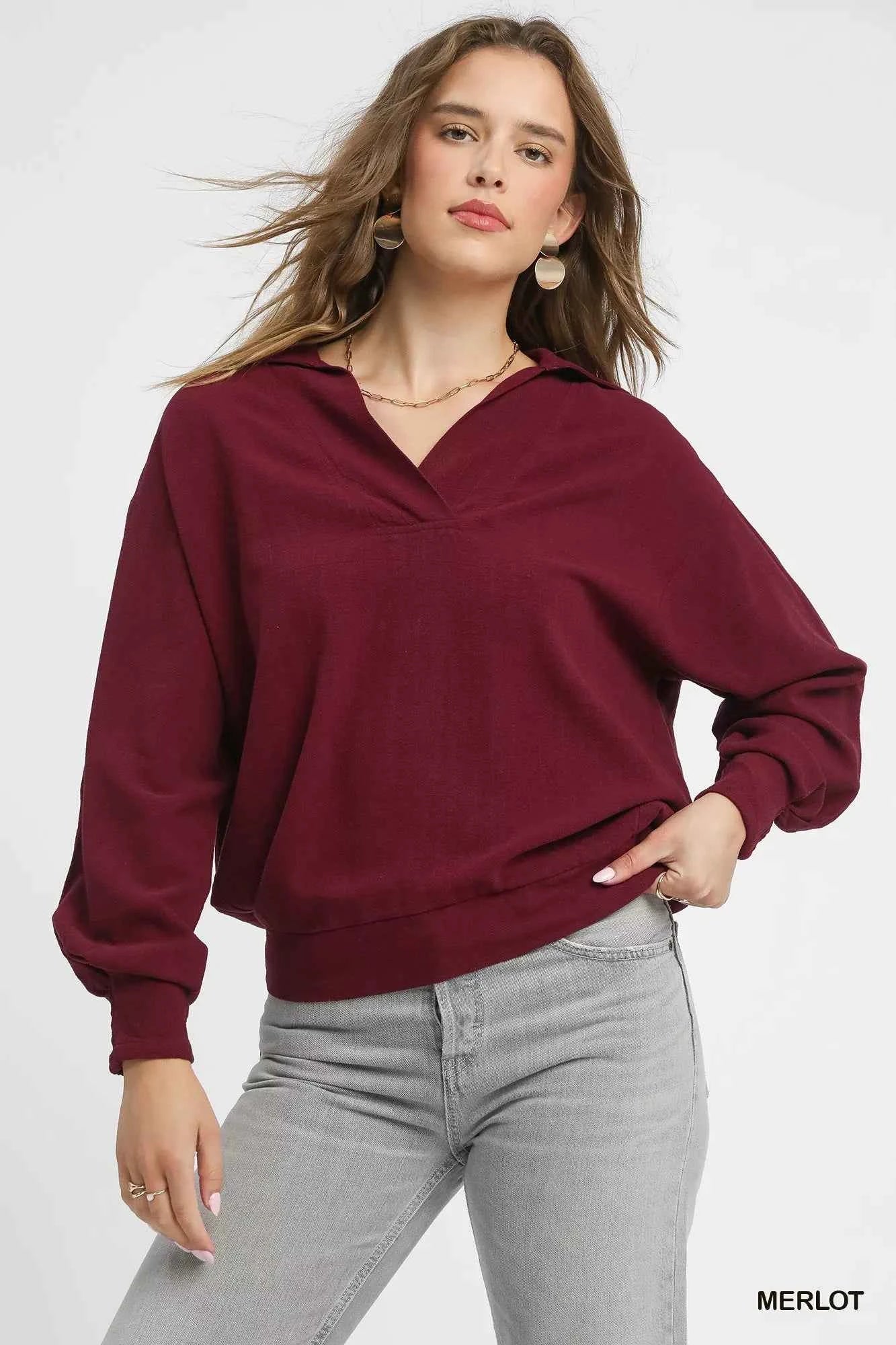 Umgee Linen Long Sleeves Elastic Hem Blouse MERLOT 112b1b72-65f4-4748-ae9e-6f16cff1ad81-Max-Origin