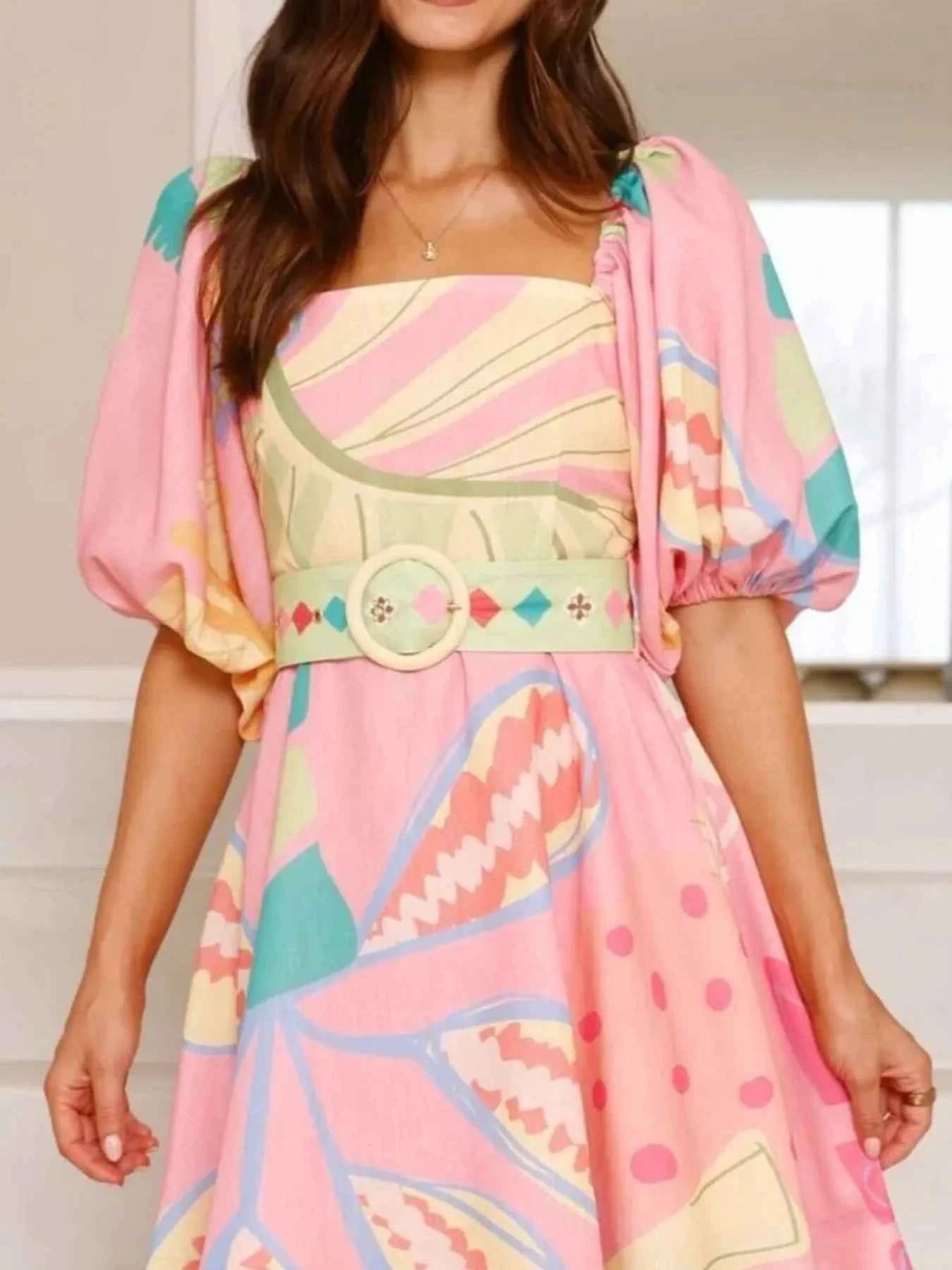 Colorful Print Belted Mini Dress with Puff Sleeves 114695e4-6f7a-4b93-ba14-b71a5b5cf30a-Max-Origin