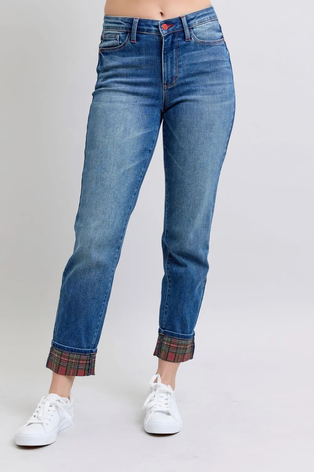 Judy Blue Full Size Plaid Print Cuff Straight Leg Jeans with Pockets 11b8c19f-6650-4db3-971c-112c95f9271a-Max
