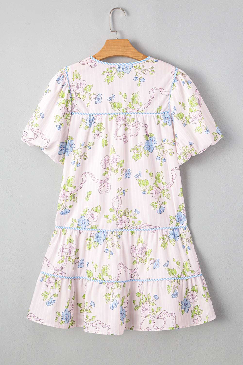 Pink Floral Striped Print Contrast Trim Tie Split Neck Mini Dress 11bd2e4034cf8bbd-_6