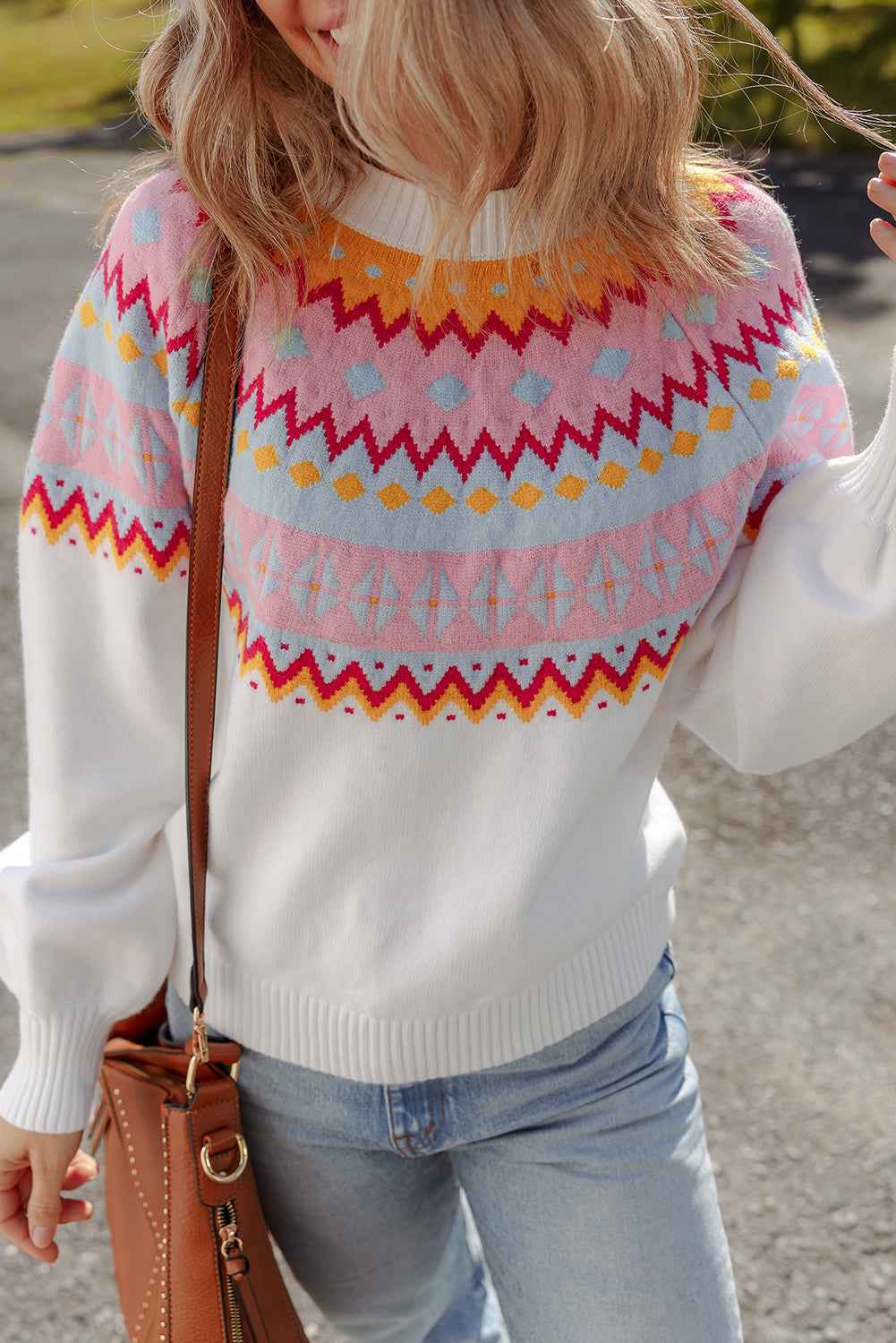 White Ethnic Geometric Colorblock Pattern Drop Shoulder Sweater White 52%Viscose+26%Polyester+22%Polyamide 11c21706df7ac20a