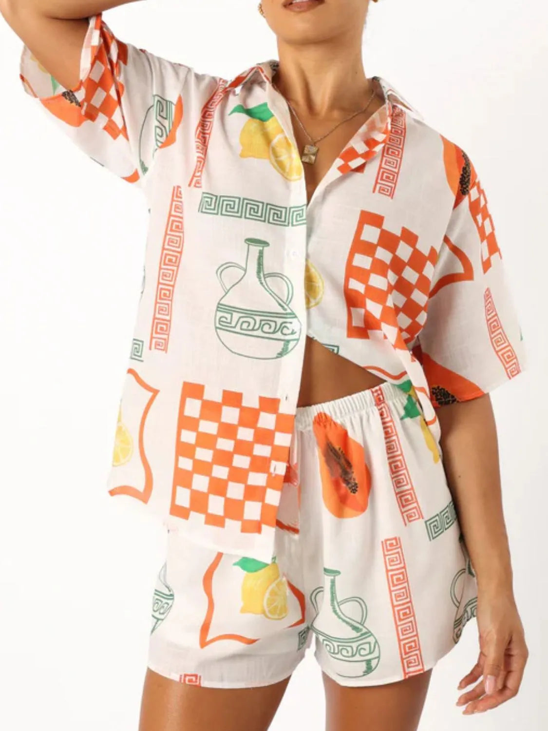 Printed Button Up Top and Shorts Set Tangerine 11f5196f-5640-45f3-91d9-ddf9116c5cc0-Max-Origin