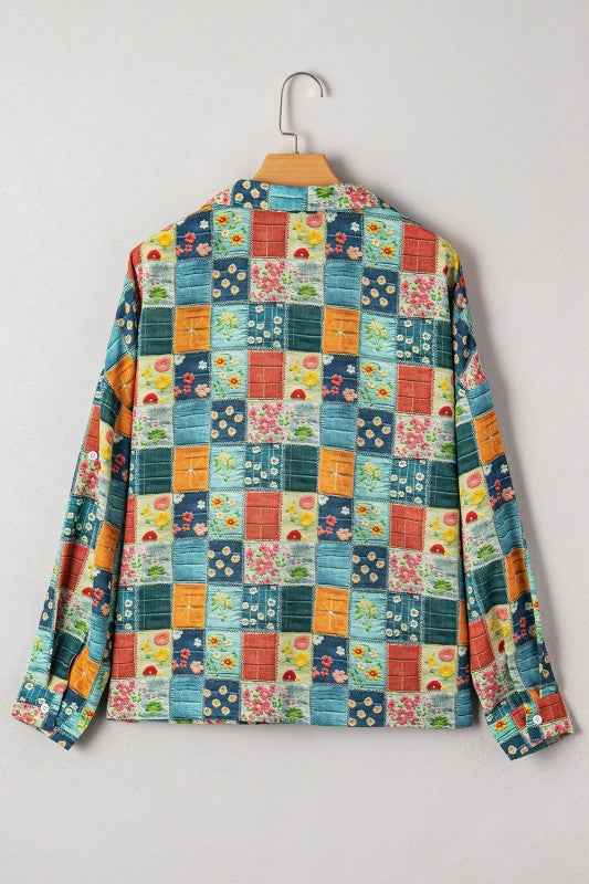Floral Patchwork Long Sleeve Collar V-Neck Blouse 127be076-b8e8-4ccd-a2da-13c4f2c96105