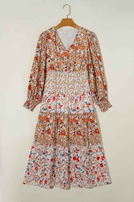 Floral V-Neck Ruffle Long Sleeve Midi Dress 128f113b-20cd-46b9-96ce-4936a03de4df
