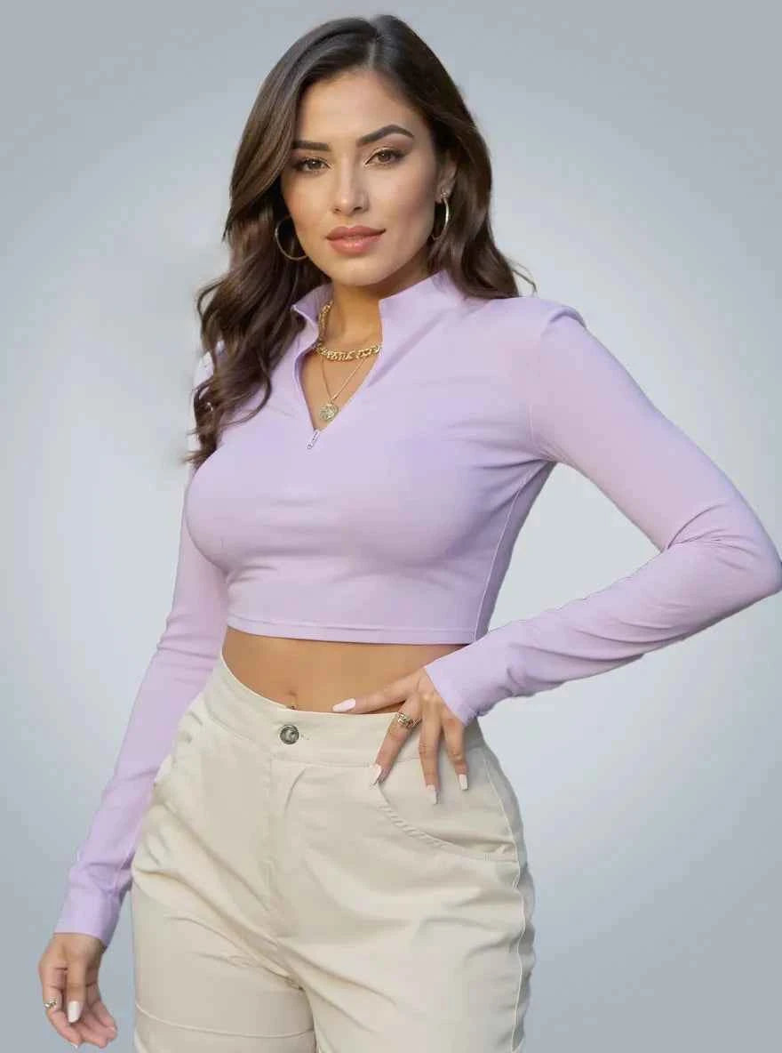 Half Zip Long Sleeve Crop T-Shirt Lilac 12aa6e2c-e211-4db8-872f-b2f7324d7270-Max-Origin